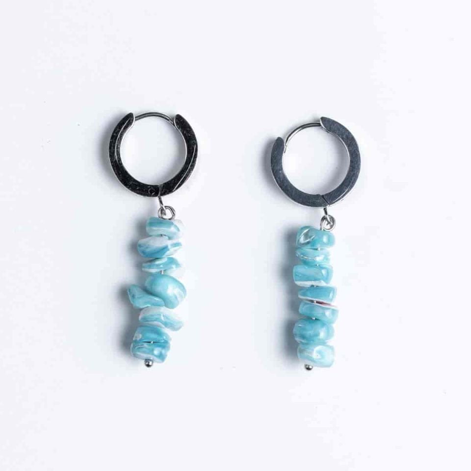 EHA2-1023 Ατσάλινα σκουλαρίκια κρίκοι CUORO με γαλάζιες πέτρες αχάτη