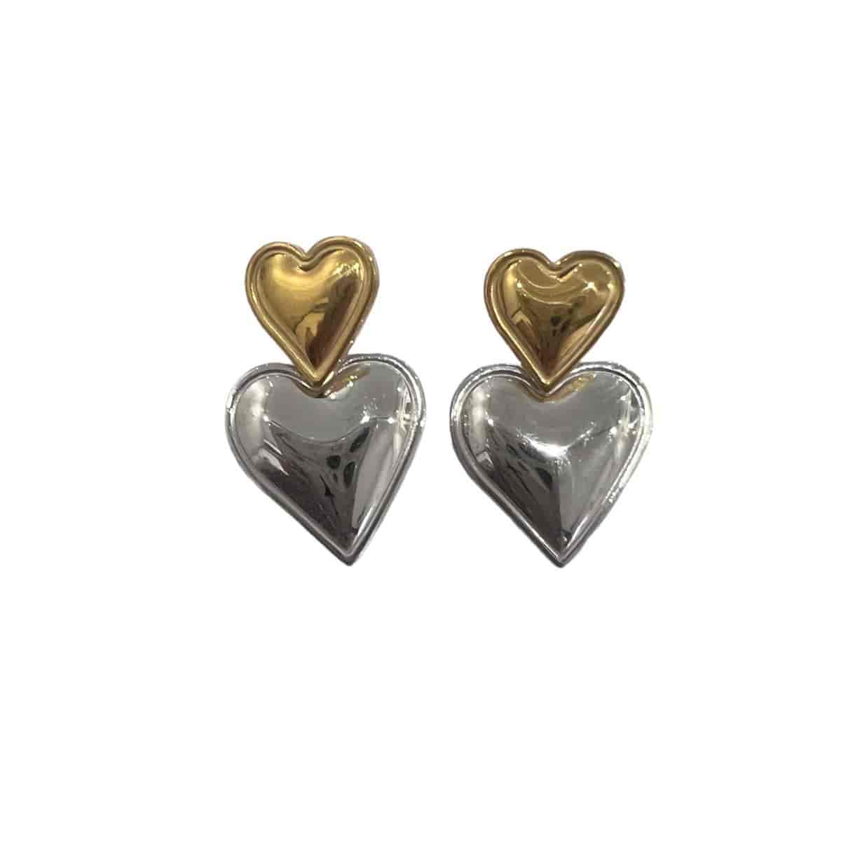 EHO1-1196 Σκουλαρίκια δίχρωμα ατσάλινα με μικρές και μεγάλες καρδιές χρυσό ασημί