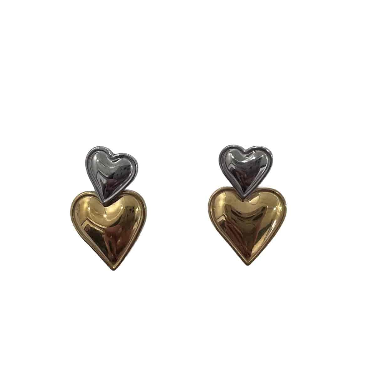 EHO1-1197 Σκουλαρίκια δίχρωμα ατσάλινα με μικρές και μεγάλες καρδιές ασημί χρυσό